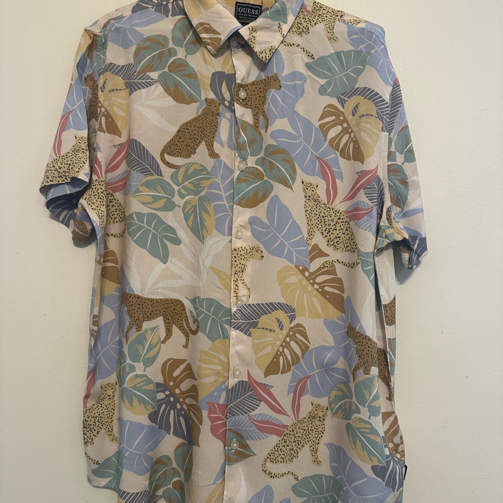 Guess Casual Blue and Green Button Down Shirt with Jungle Print